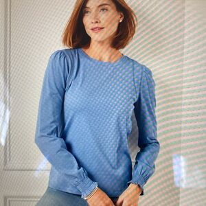 NWT Talbots blue cotton Lattice-Trim L/S tee